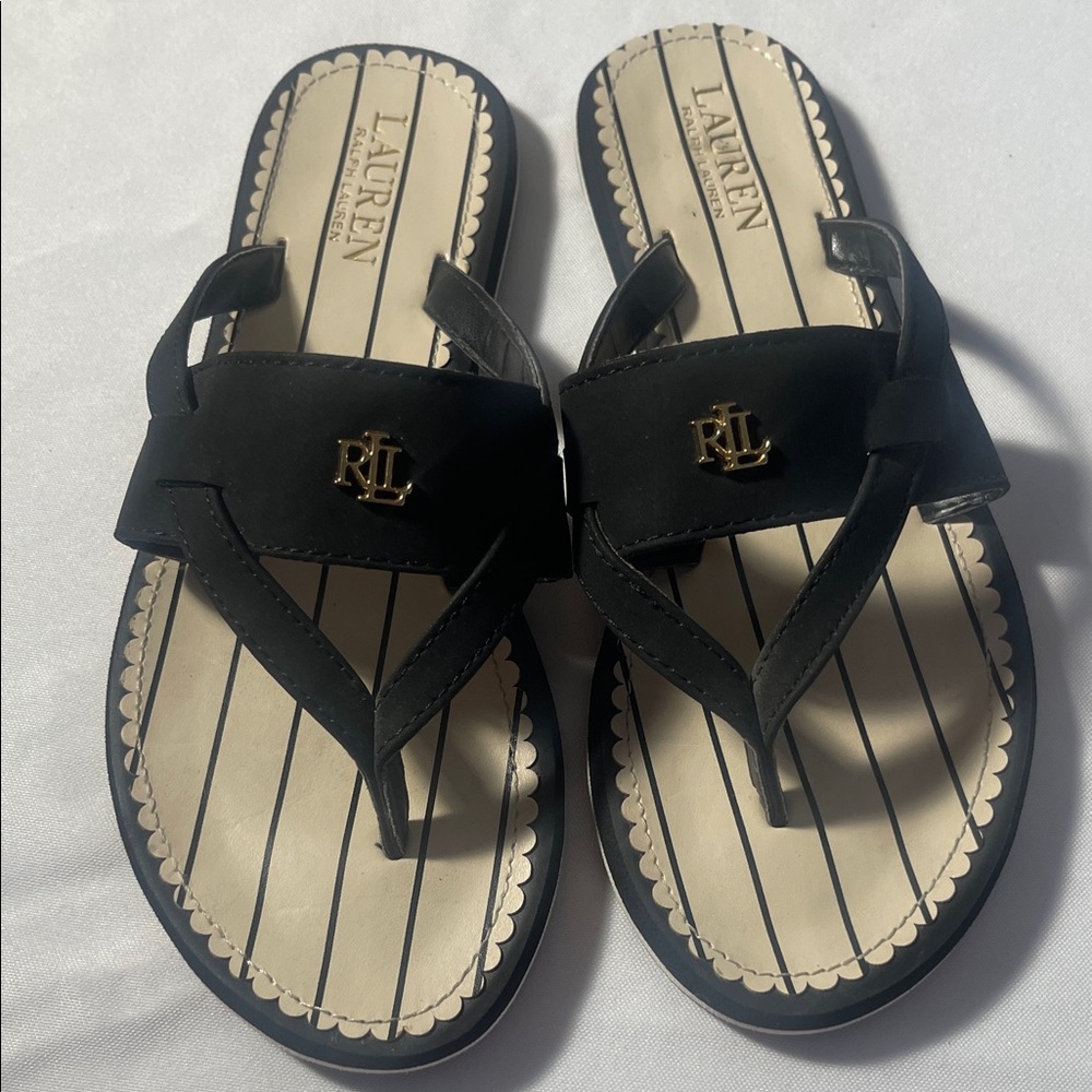 Ralph Lauren Double RL Black Sandals with Gold Logo